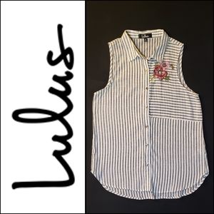 Lulus Striped Sleeveless Blouse Floral Embroidered